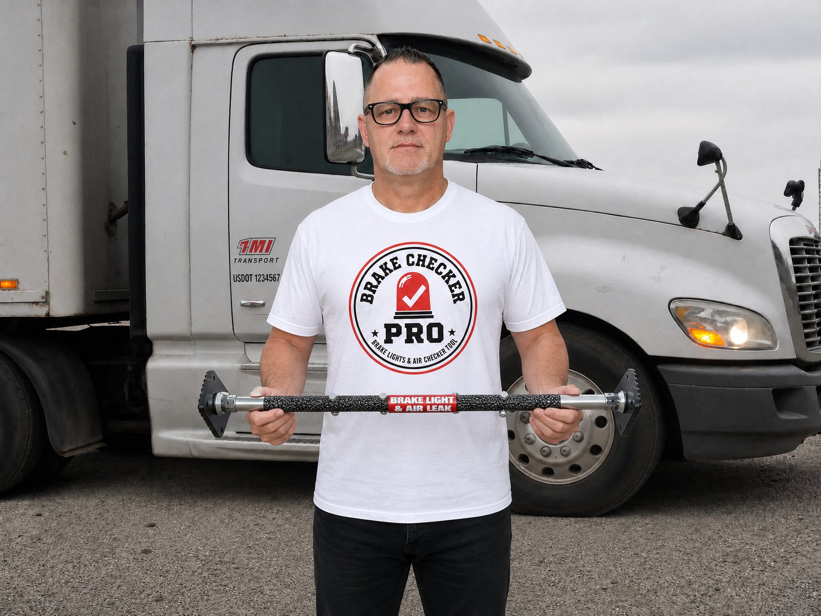 Rommel Griffin, founder of Brake Checker Pro, holding the tool in front of his rig